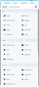 A screenshot of the component palette provided by Beaver Builder in WordPress.